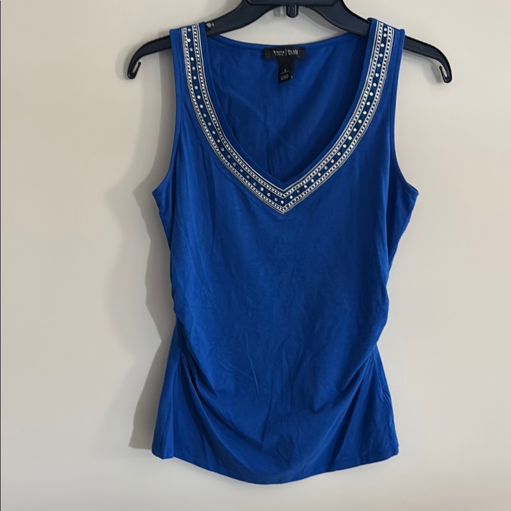 White House Black Market Blue Sleeveless Top, Embroidered and Stone Neckline